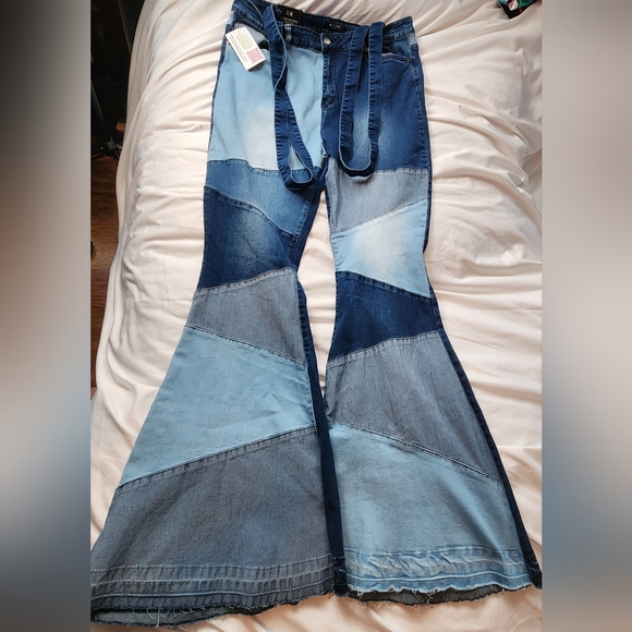 American Bazi Multi-Blue Patchwork Flare Jeans W/ Suspenders Size 1X - Picture 1 of 16